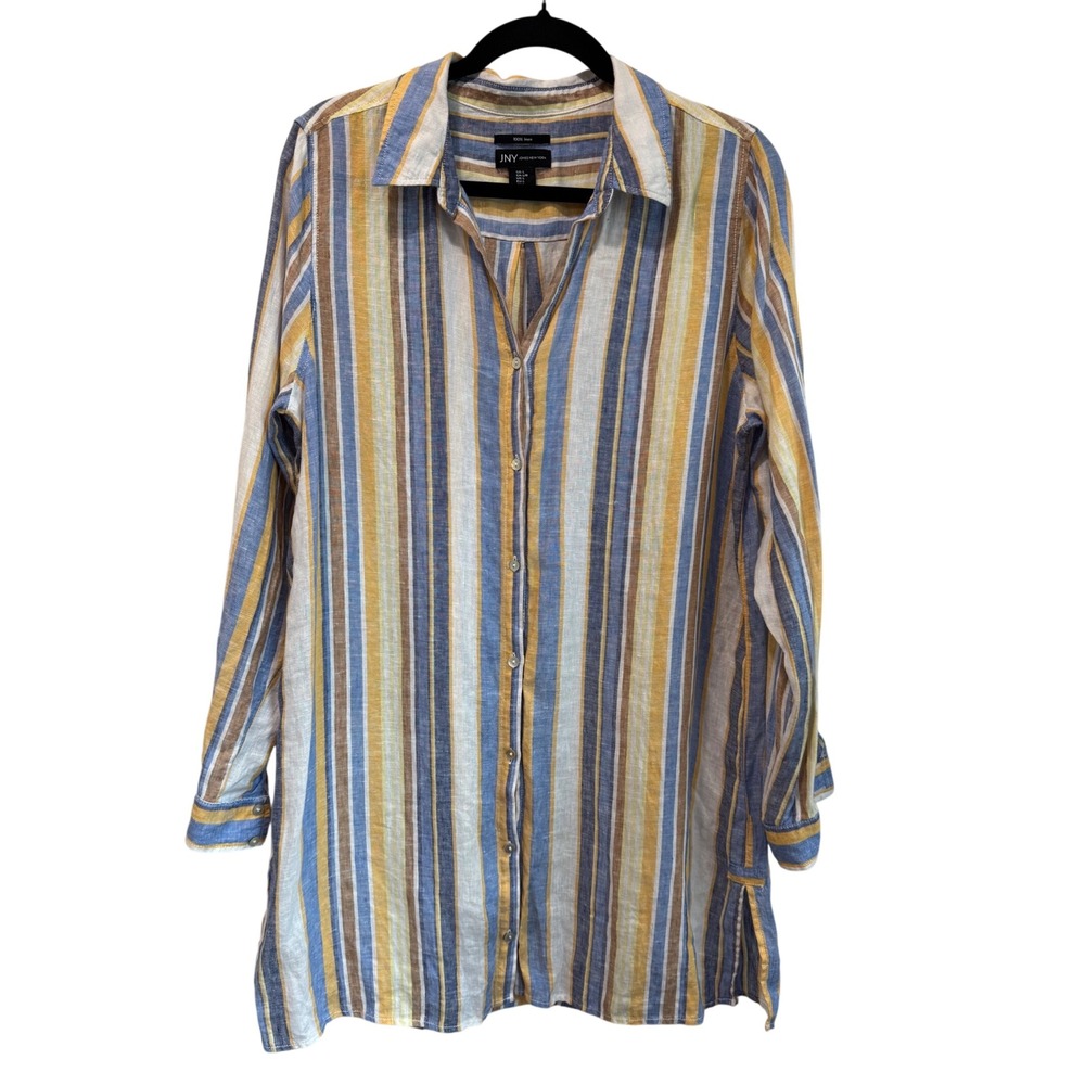 Jones New York Linen Striped Roll Tab Sleeveโ Button Down Tunic BlueYellow Large